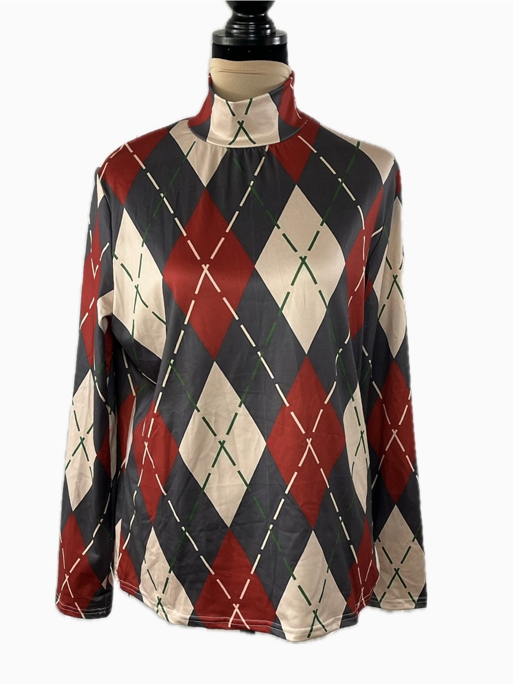 Women’s Argyle Mock Neck Top - Red, Navy & Cream